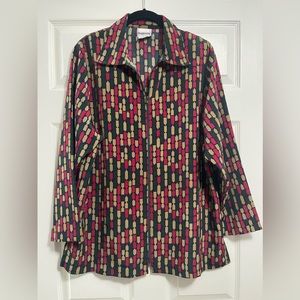 BonWorth Vintage Long Sleeves Zip Up Shoulder Pads MultiColor Geometric Blouse M